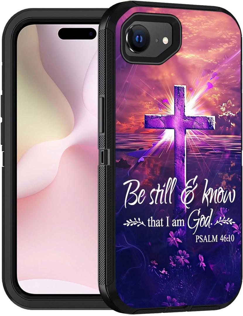 for iPhone 17e Case & iPhone 16e Case, Military Grade Heavy Duty 3-Layer Shockproof Full-Body Protective Phone Cover for iPhone 17e & iPhone 16e 6.1", Cross Quote Bible Verses Psalm 46:10