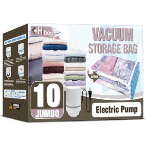 HIBAG Vacuum Storage Bags with Electric Pump, Vacuum Seal Bags for Clothing, Pillows, Blanket Bedding Comforters, 10 pack Jumbo