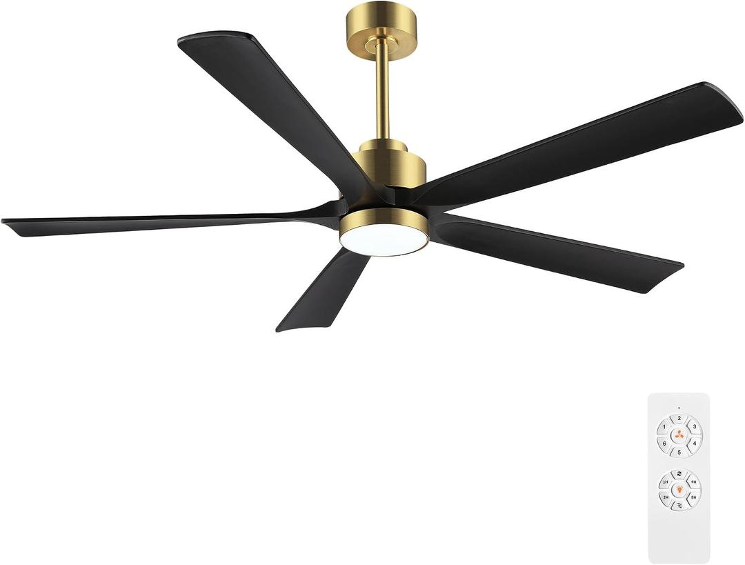 ELEHINSER 60" Modern Ceiling Fan with Light and Remote Control, 5 Solid Wood Blades 6-Speed Noiseless Reversible DC Motor, Ceiling Fan for Bedroom Dinning Living Room, Gold Finish with Black Blades