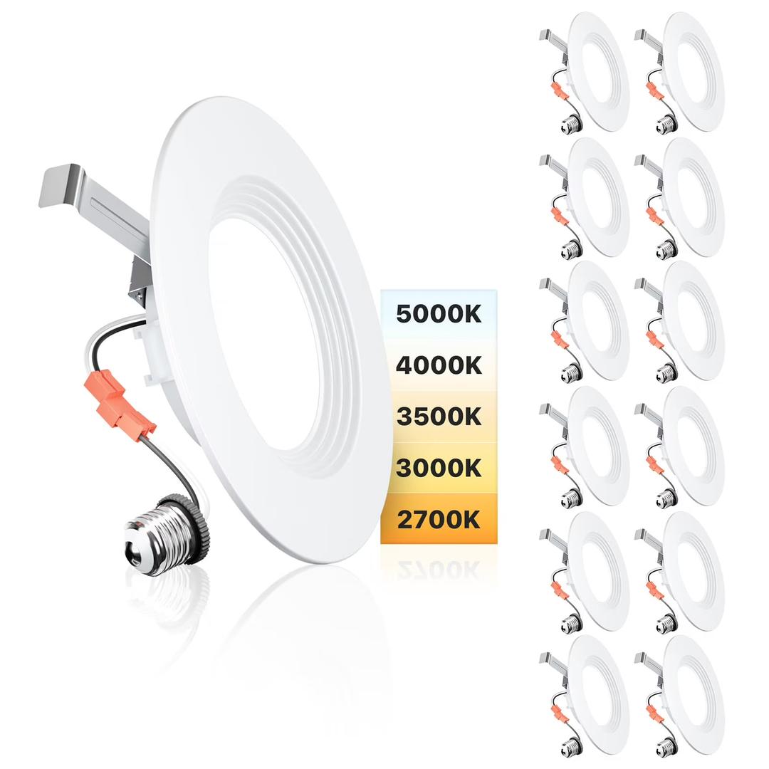 Ensenior 5/6 Inch 5CCT LED Can Lights 12 Pack, Retrofit Led Recessed Lighting, Baffle Trim, Dimmable, 9W=110W, 1000LM, 2700K/3000K/3500K/4000K/5000K Selectable, IC Rated - ETL & FCC