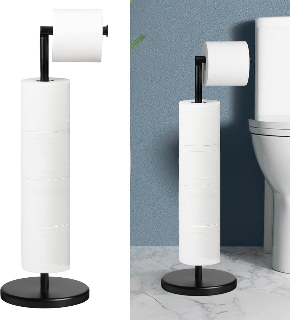Toilet Paper Holder Stand, Stainless Steel Bathroom Toilet Paper Roll Holder Stand, Free Standing Toilet Paper Holder with Solid Weighted Base, Black