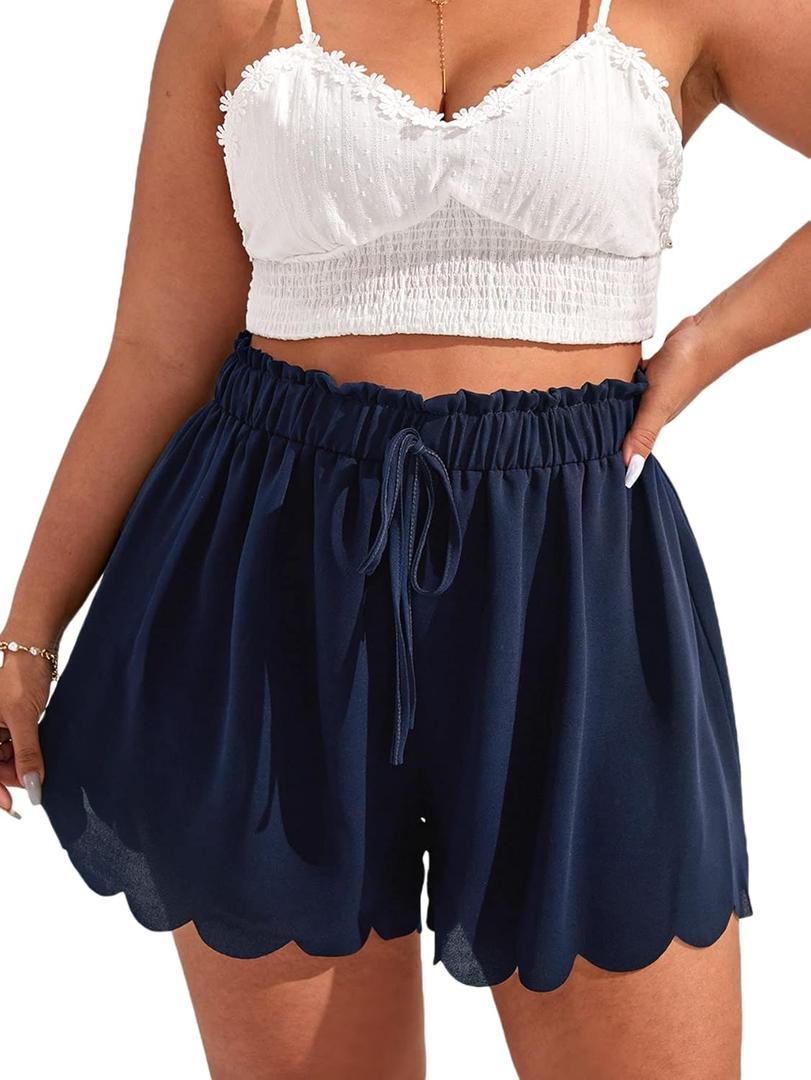 MakeMeChic Women's Plus Size Elastic Waist Scallop Trim Flowy Wide Leg Shorts (4X-Large Plus, Navy Blue)