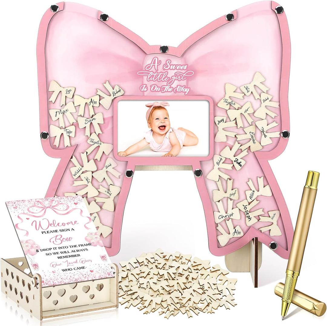 Wenqik 63 Pcs Coquette Pink Bow Baby Shower Guest Book Alternatives Set Baby Shower Decorations with Photo Frame Sonogram Frame Keepsake 60 Wood Slices Guest Book for Birthday