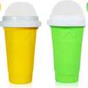 Slushie Cup, 2 Pack Slushy Maker Cup, Frozen Magic Squeeze Cups for Juice Milk Yogurt Ice Cream Make, DIY Smoothie Cooling Cup with Lid & Straw for Kids Friends Family (Yellow+Green)