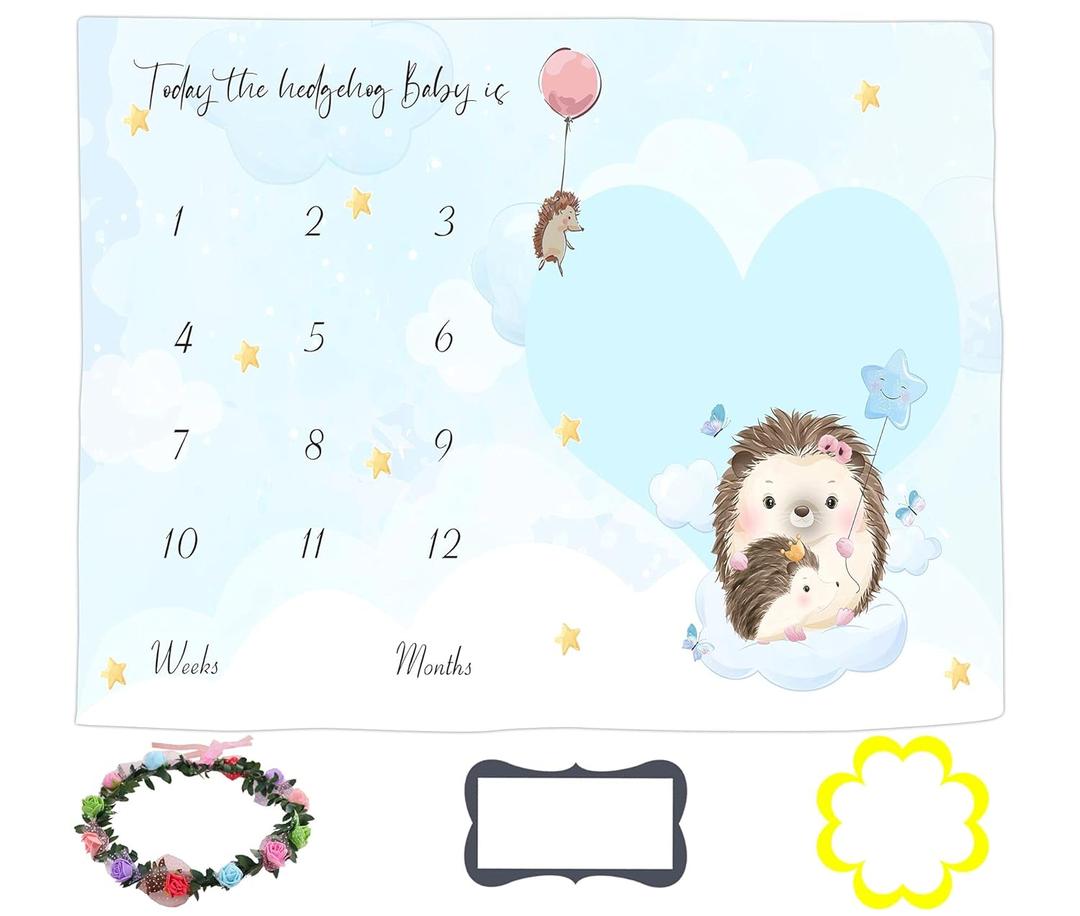 Baby Monthly Milestone Blanket, Hedgehog Theme Photography Background, 60x40 Inch, White, Pink