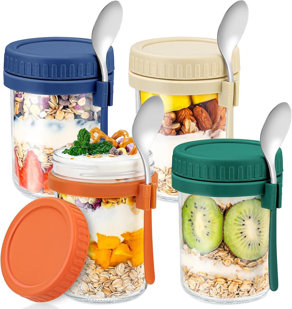 DRKIO 4 Pack Glass Overnight Oats Containers with Lids and Spoons 16 Oz Mason Jars for Overnight Oats Jars Leak Proof Oatmeal Container Meal Prep Jar for Cereal Fruit Vegetable Milk Salad Yogurt