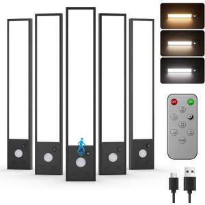 5 Pack Under Cabinet Lighting Wireless, 8" Rechargeable Motion Sensor Light Indoor, 3 Color Dimmable Magnetic Closet Lights, Under Counter Lights for Kitchen, Stairs, Closet Light with Remote