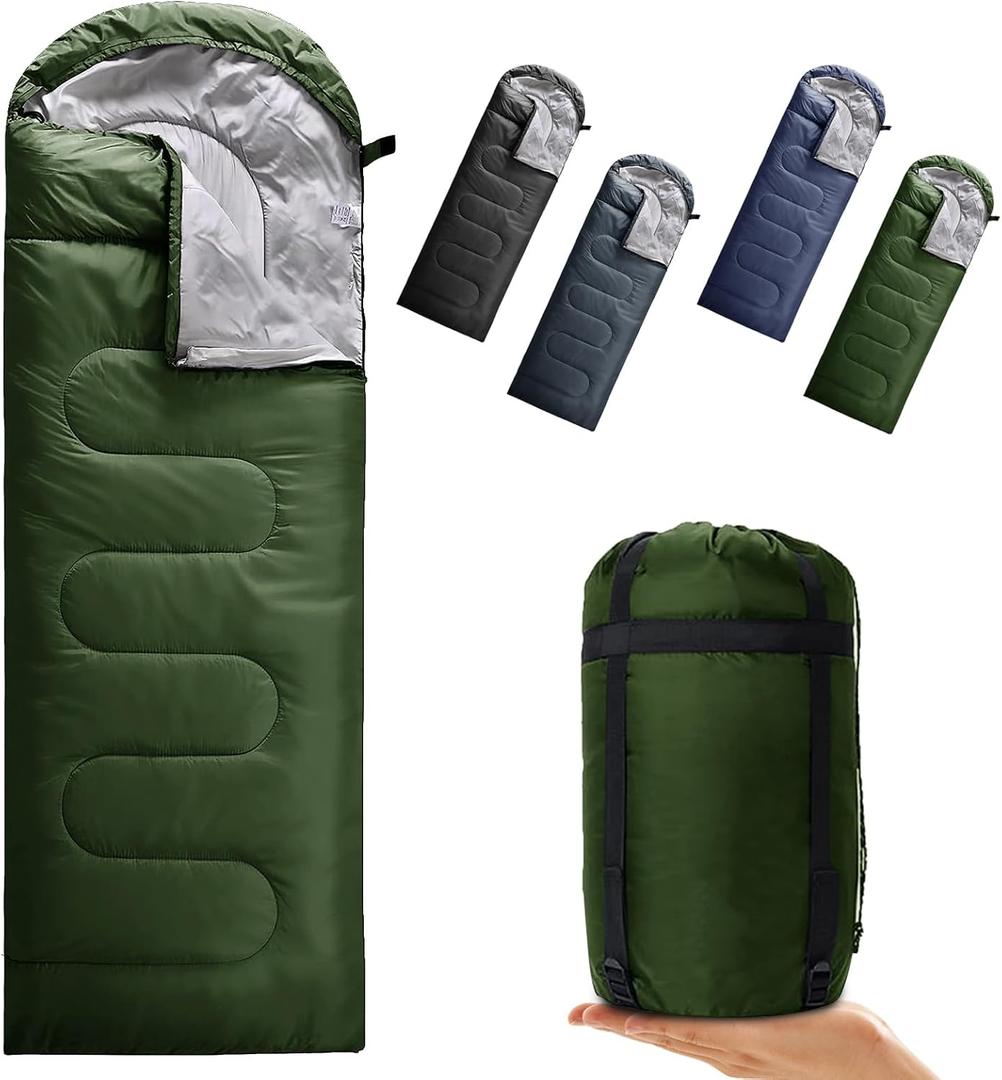 Camping Sleeping Bag 3 Seasons Warm & Cool Weather, Lightweight, Waterproof, Portable Backpacking for Adults & Kids - Camping Essentials Gear Accessories Hiking Travel (Army Green)