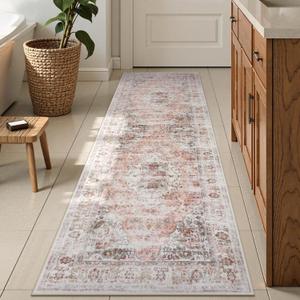 Uphome Bathroom Runner Rug, Distressed Tribal Farmhouse Blush Pink Bathroom Mat, Large Bathroom Rugs Non Slip Washable, Oriental Retro Boho Bath Mat Runner for Bathtub Sink Hallway, 24x59 inch