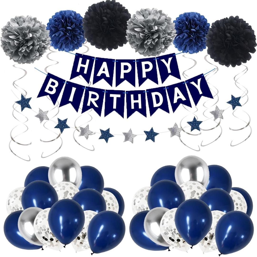 Navy Blue Birthday Decorations Men, Blue Party Decorations for Men Women Boys, Happy Birthday Balloons for Party Decor 16th 20th 25th 30th 35th 40th 50th 60th 70th