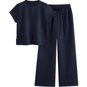 PRETTYGARDEN 2 Piece Outfits For Women Casual Tracksuit Short Sleeve Tops And Wide Leg Long Pants Matching Lounge Sets (Blue, L)