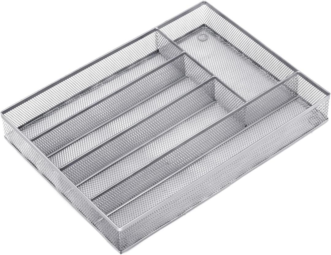 Neudeco Silverware Drawer Organizer Holder, Cutlery Tray Silverware Flatware Storage Divider for Kitchen, Bedroom, Living Room, Mesh Wire with Non-slip foam Feet, 5 Component Silver