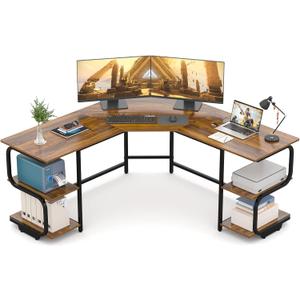 Teraves Modern L Shaped Desk with Shelves,64.84" Computer/Gaming Desk for Home Office,Corner Desk with Desktop (Teak+Black Frame, Large+4 Tier Shelves)