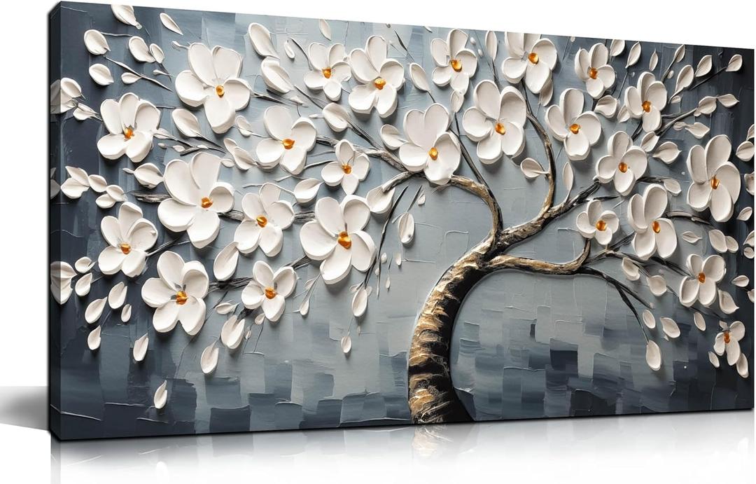 Canvas Wall Art for Living Room White Flowers Tree of Life Picture Print Paintings Large Framed Bedroom Wall Decor Artwork Modern Gallery Plant Wall Decorations Size 20x40 inch Ready to Hang