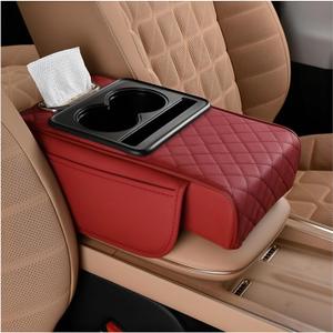 Zpana Car Center Console Armrest Pillow, Memory Foam Leather 4 in 1 Vehicle Arm Rest Cover with Tissue Box 2 Side Storage Bag Cup & Phone Holder, Auto Armrest Cushion, Universal Fit (Wine Red)
