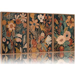 SIGNINART Vintage Floral Framed Canvas Wall Art Set of 3, Mid Century Modern Wildflower Wall Decor, Neutral Botanical Artwork, Retro Plant Art Prints for Bedroom, Living Room, Office 16"x24"
