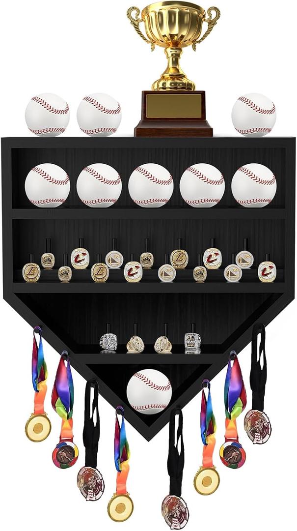 Baseball Ring Holder with Baseball Case Display for Balls , Wooden Medal Display Case Wall Mount Baseball Case Display for Balls, Medals, Rings, Trophies Baseball Lover's Gift (Black)