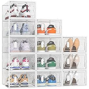 Shoe Storage, 12 Pack Shoe Organizer for Closet, Shoe Boxes Clear Plastic Stackable Shoe Containers with Lids for Size 10