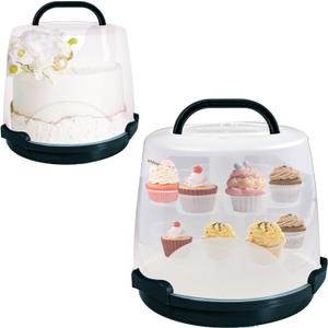 Cake Carrier Round Cake Stand Plus Height Cake Container with Cupcakes Pad, Handle, Lid Reusable Package Box for Transporting Desserts,Pie,Toast,Fruit (10" Black)