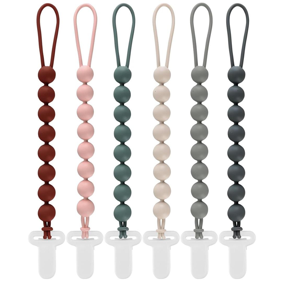 6-Pack Silicone Pacifier Clips for Babies, Safe Teething Beads, Rust-Free Holders, Baby Boy and Girl Essentials, Newborn Must-Have Accessories, BPA-Free