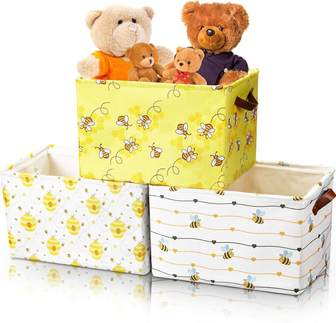 Maxcheck 3 Pcs Large Bee Basket with Handles Bee Pattern Rectangular Cube Storage Basket Fabric Foldable Storage Box Organizer Bins for Toys Books Laundry Bedroom, 15 x 11 x 9.5 Inch