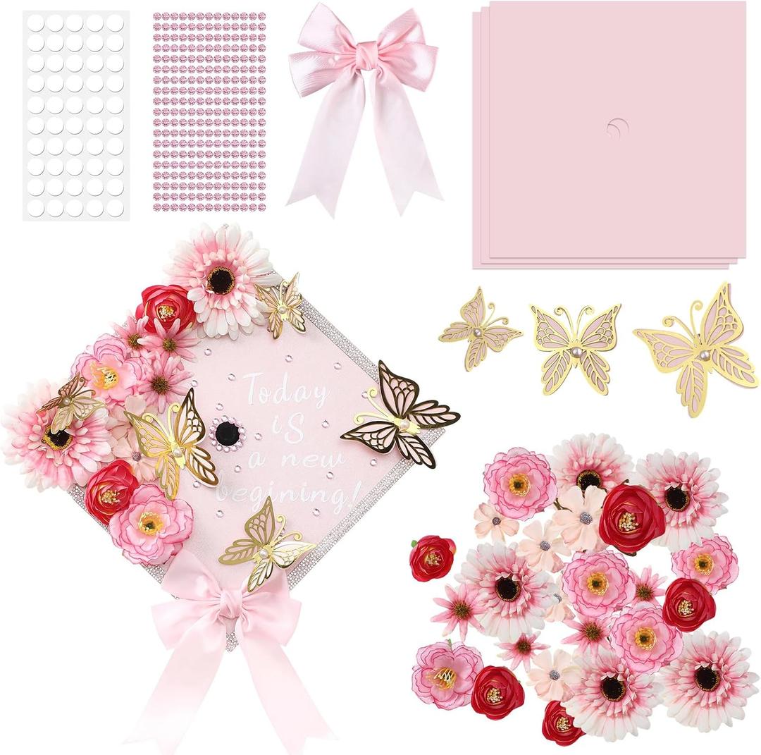 Gersoniel DIY Graduation Cap Decorations Kit 3 Construction Paper 15 Faux Assorted Flowers 3D Butterfly Pearl Rhinestone Bow Glitter Letter Stickers for DIY Hat Grad Cap Topper(Pink)