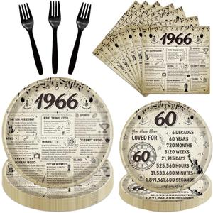 60th Birthday Plates and Napkins Party Decorations for Women Men, 1966 60th Vintage Birthday Disposable Paper Tableware Decoration, 60 Year Old Themed Forks Party Supplies Serve 24