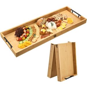 GLOKUUCA Large Charcuterie Board with Handles, 32 x 12 Inch Foldable Bamboo Serving Cheese Boards - Serving Platter for Meat, Party Appetizers, Outdoor & Fruit
