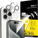 3 x NEW'C 4 Pack, 2 Pack for iPhone 15 Pro Screen Protector (6.1 inch) + 2 Pack Camera Lens Protector, Sensor Protection,Case Friendly Tempered Glass Film
