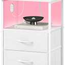 Somdot White Nightstand with Charging Station and LED Light for Bedroom, 2 Drawers Dresser with Fabric Bins for Bedside Kids Dorm Room Closet Laundry Entryway, White Leather