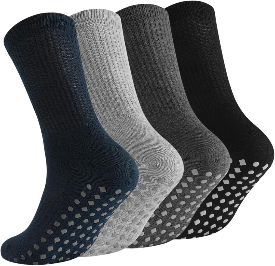 Non Slip Grip Socks for Men Women Crew Grippy Socks for Hospital Pilates Yoga,Gifts for Seniors Elderly (Large, 4 Pairs Grip Socksblack+Grey+Dark Gray+Navy Blue)