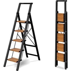 5 Step Ladder, Lightweight Folding Step Stool with Anti-Slip Aluminum Wide Pedal& Convenient Handgrip, 330lbs Capacity Steel Ladder for Household and Office (Black&Woodgrain)
