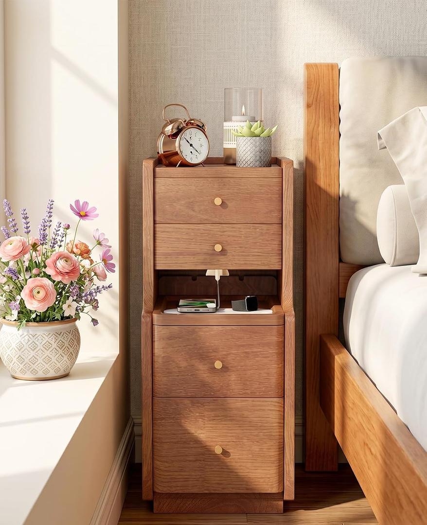 Narrow Nightstand with 4 Drawers, Solid Wood Narrow End Table, Modern Skinny Nightstand with 1 Semi-Open Shelf, Thin Couch Side End Table Night Stand with Drawers, 15.7"D x 11.8"W x 26.9"H