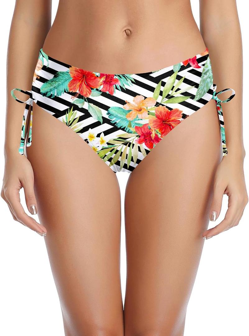 Tempt Me Women Bikini Bottoms Side Tie Adjustable Bathing Suit Swimsuit Full Coverage Swim Bottom (Colorful) M
