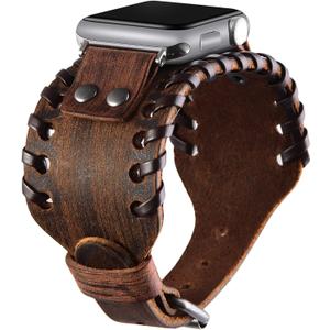 VIQIV Wide Cuff Bracelet Leather Band Compatible with Apple Watch 38mm 40mm Sports Watches for Men Women, Unisex Retro Replacement Wrist Strap for iWatch Series SE 6/ 5/ 4/ 3/ 2/ 1, Brown