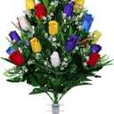 Sympathy Silks Artificial Cemetery Flowers - Realistic - Outdoor Grave Decorations - 30 Stems Assorted Mix of Red Blue Purple Yellow and White Roses (Bouquet)