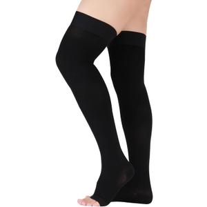 Lin Performance 20-30 mmHg Medical Compression Stockings for Women and Men Thigh High, Dot-Top, Open Toe Socks for Travel Comfort (Black, M)