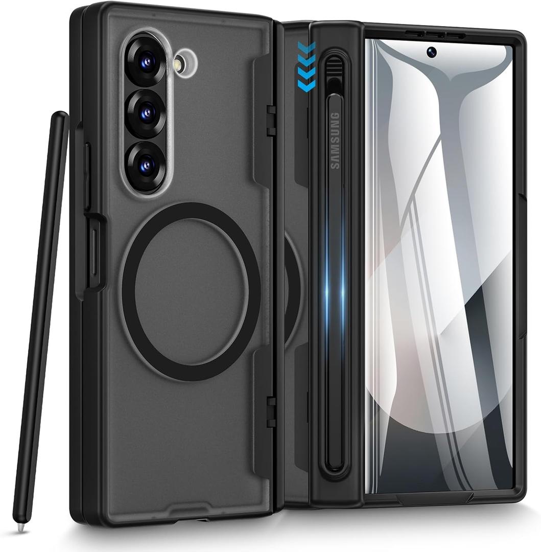 Caka for Samsung Galaxy Z Fold 6 Case [Thinner S Pen Holder Slot] [Magnetic Charging] [Hinge Protection] [Built-in Screen Protector] Translucent Hard Shockproof Magnet Phone Cover for Zfold 6 - Black