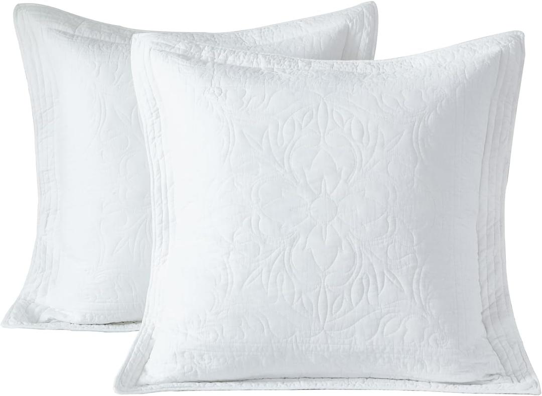 WINLIFE 100% Cotton Quilted Euro Sham Covers, 2 Pack Cotton 26'' x 26'' Pillow Covers, Soft and Breathable Euro Shams, Square Pillow Shams, White