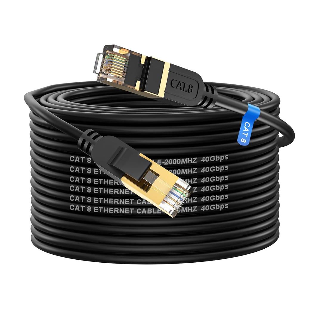 Cat 8 Ethernet Cable, 100FT High Speed Heavy Duty 26AWG Cat8 LAN Network Cable 40Gbps, 2000Mhz with Gold Plated RJ45 Connector, Outdoor&Indoor Internet Cable Compatible for Router Gaming Modem Xbox (100FT)