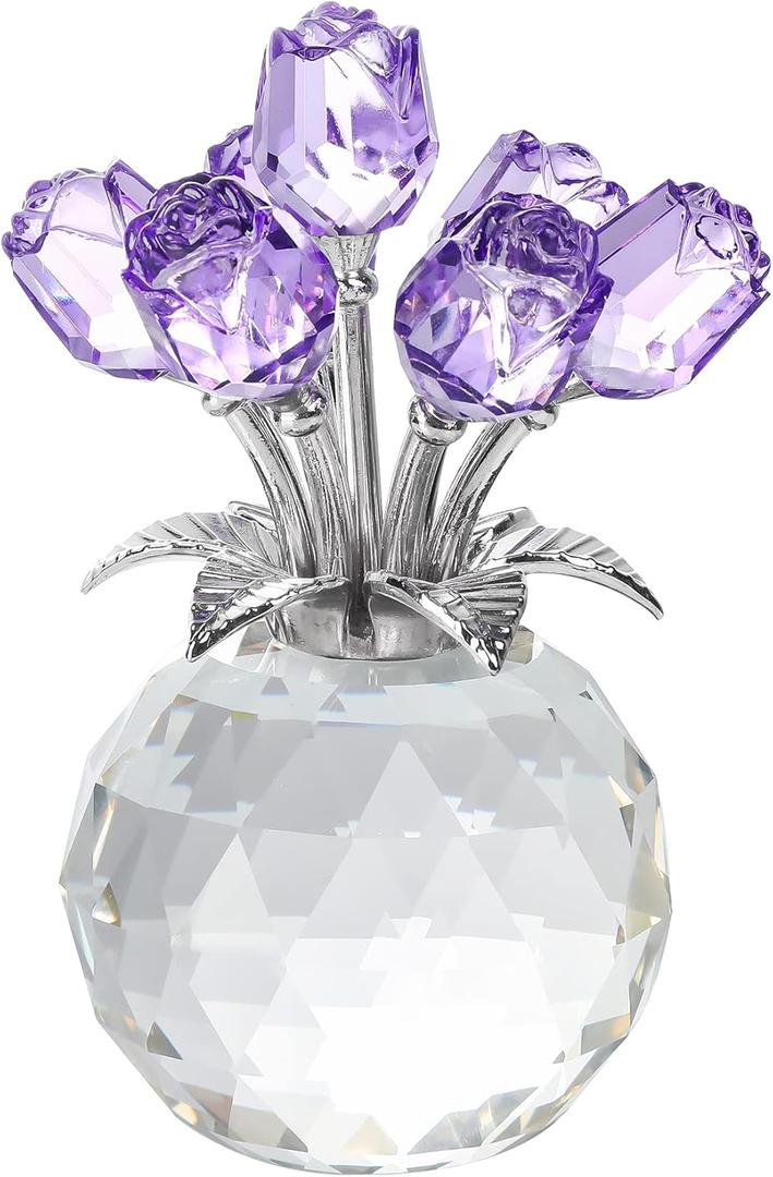 YWHL Handmade Crystal Purple Rose Flower Figurine with Round Vase, Rose Gifts for Girlfriend Wife Sister, Romantic Gifts for Mom on Anniversary Mother's Day Birthday, Wedding Home Decorations