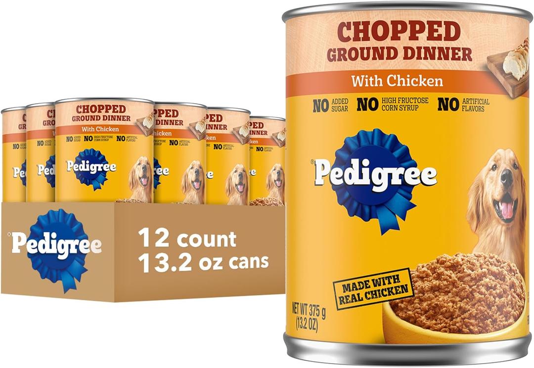 Pedigree Chopped Ground Dinner Adult Soft Wet Dog Food with Chicken, 13.2 Oz. Cans 12 Count, BB Date 09/28/2027