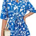 PRETTYGARDEN Womens Rompers for Summer 2025 Beach Vacation Clothes Short Sleeves Floral Jumpsuits Beach Cover Up (Blue, XXL)