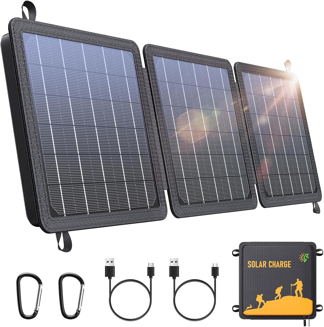 15W Small Portable Solar Panel Chargers (5V/3.0A USB-A/USB-C), IP65 Waterproof Foldable Solar Panel with Large Storage,Backpack Solar with 2 Carabiner for Camping,Hiking, Cell Phone,Tablet