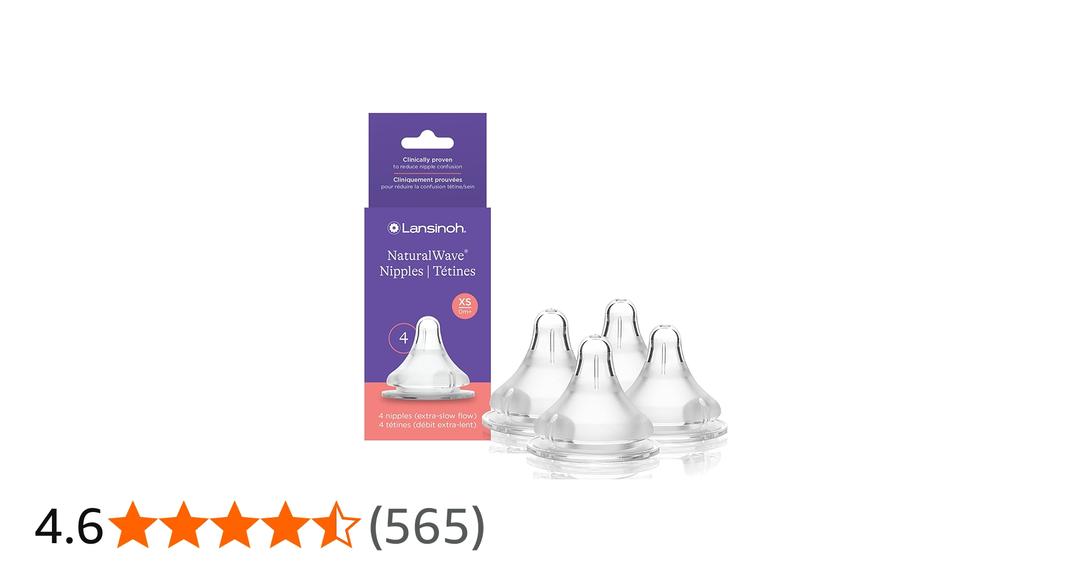 Lansinoh NaturalWave Baby Bottle Nipples, Slow Flow, Size S,1+ Month, 4 Count – 100% Soft, Durable Silicone, Made Without BPA BPS, AntiColic, Supports Baby’s Developing Mouth and Teeth