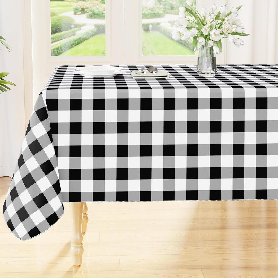 Smiry Rectangle Table Cloth, Waterproof Vinyl Tablecloths with Flannel Backing, Wipeable Buffalo Plaid Table Cover for Picnic, Indoor and Outdoor (Black & White, 60"x84")
