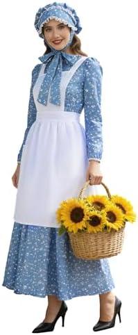NFAUEIK Women Adult Colonial Prairie Costume,Floral Pioneer Dress with Apron and Bonnet Small