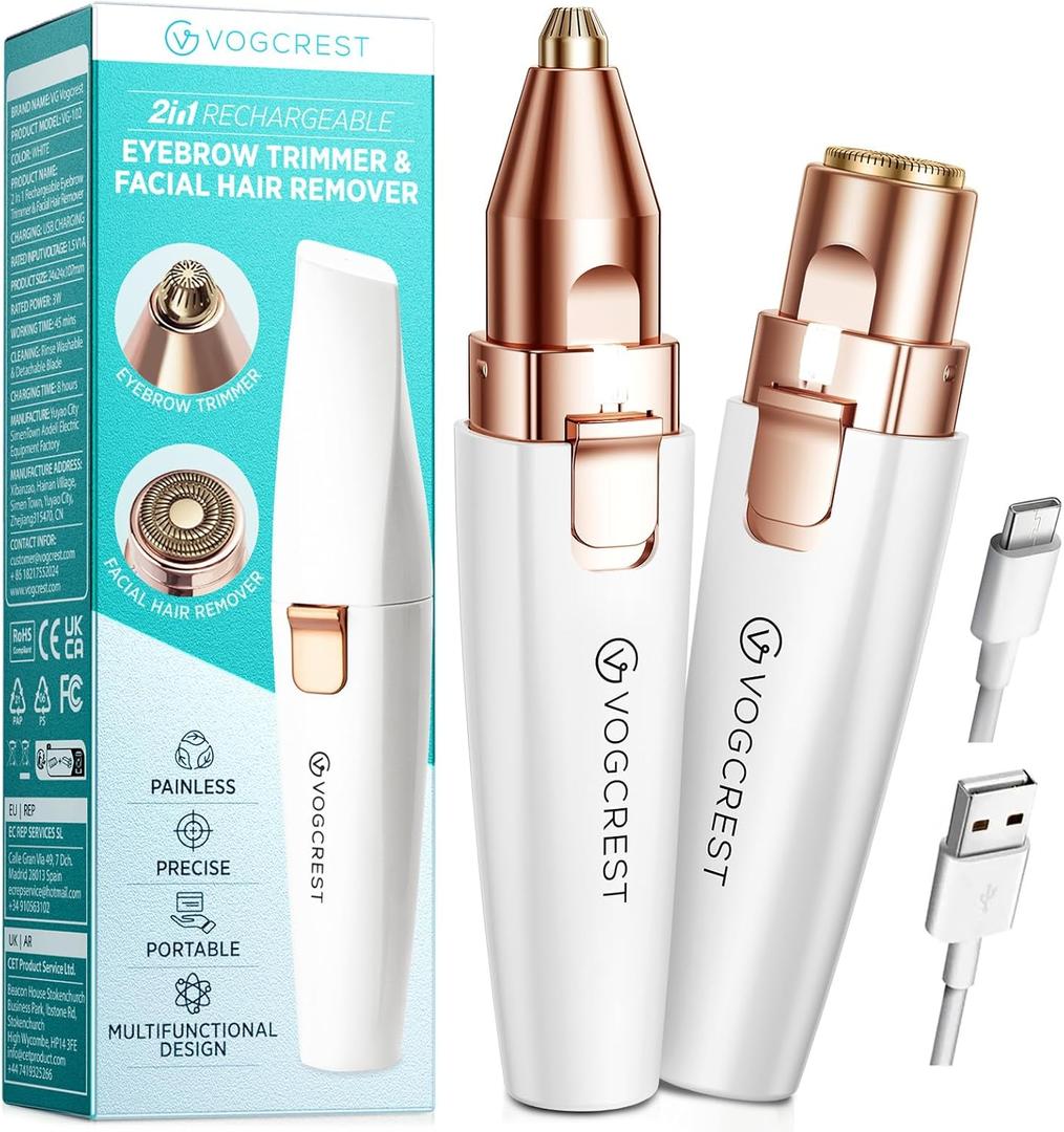 Rechargeable Eyebrow and Facial Hair Remover for Women - 2 in 1 Razor with Built-in LED Light for Painless Hair Removal (White)