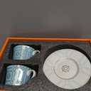 YALONG Ceramic Tea Cup and Saucer Set of 2, 7oz, Cappuccino, Latte Coffee Cup, Suitable for Afternoon Tea, Breakfast Tea and Dessert, Bone China, Light Blue Circular Gold Edge