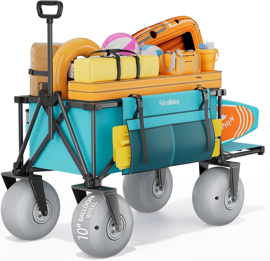 51" Beach Wagon with 10" PU Balloon Wheel,440LBS Beach Cart with Rear Tailgate, Foldable Wagon for Sand, Grass and Gravel,Mint Green (Pump Included)